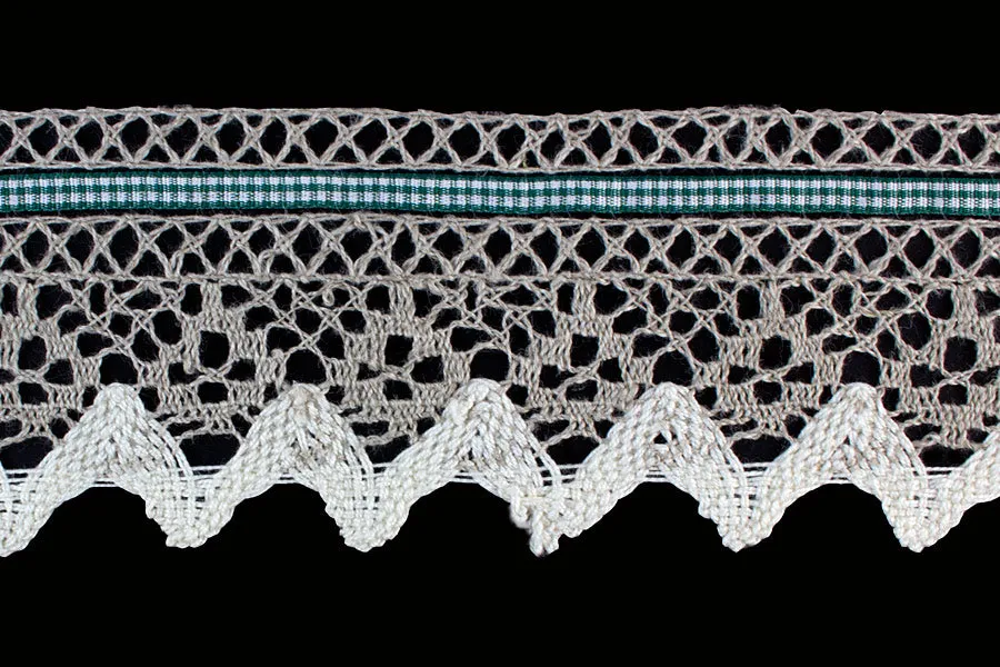 2 1/2" Green/Taupe Gingham Ribboned Crochet Edging Lace