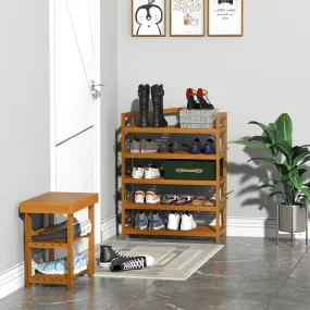 5-Tier Shoe Rack, Acacia Wooden Shoe Storage Organiser with Hangers, Holds up to 24 Pairs, for Entryway, Living Room, 64 x 26 x 82 cm, Teak Shelf Bedroom