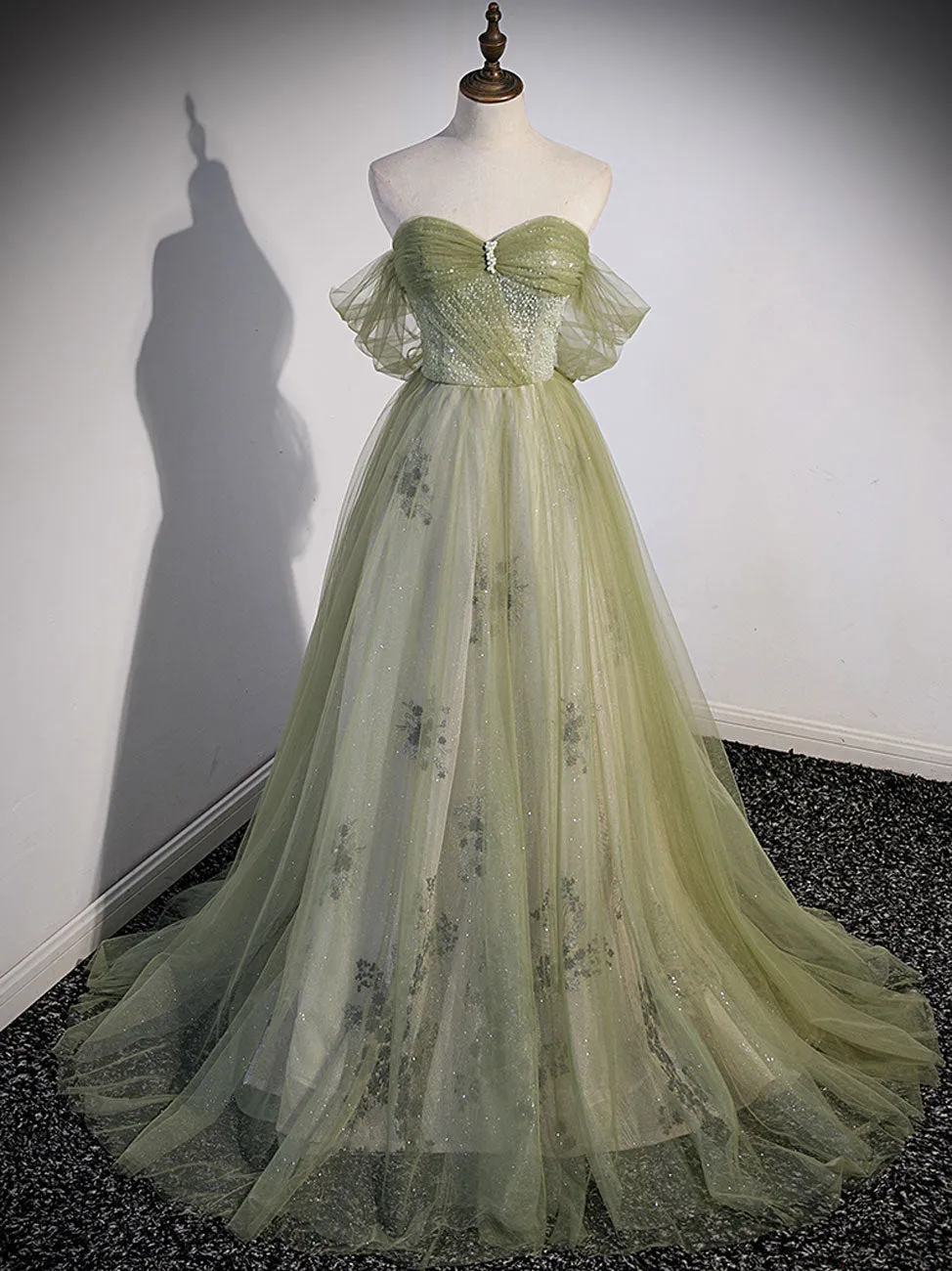 A Line Green Tulle Long Prom Dress, Green Formal Evening Dress with Beading