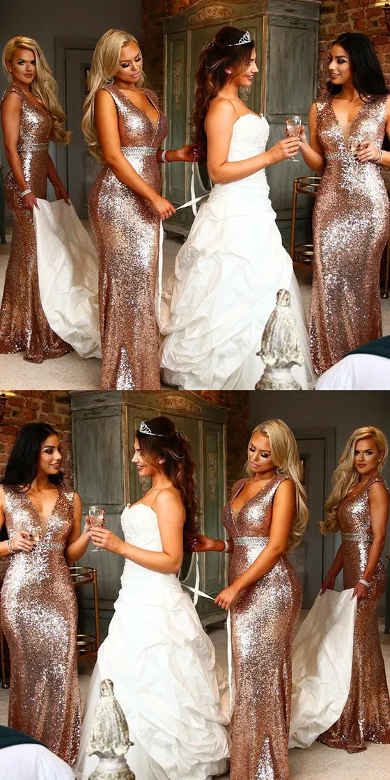 Beat Selling Floor-length Deep V-neck Rose Gold Sequins Bridesmaid Dresses, BD0525