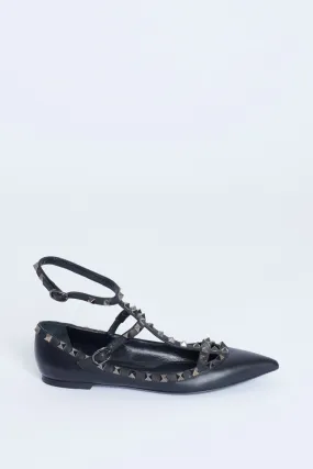 Black Leather Rockstud Mary Jane Preowned Ballet Flats