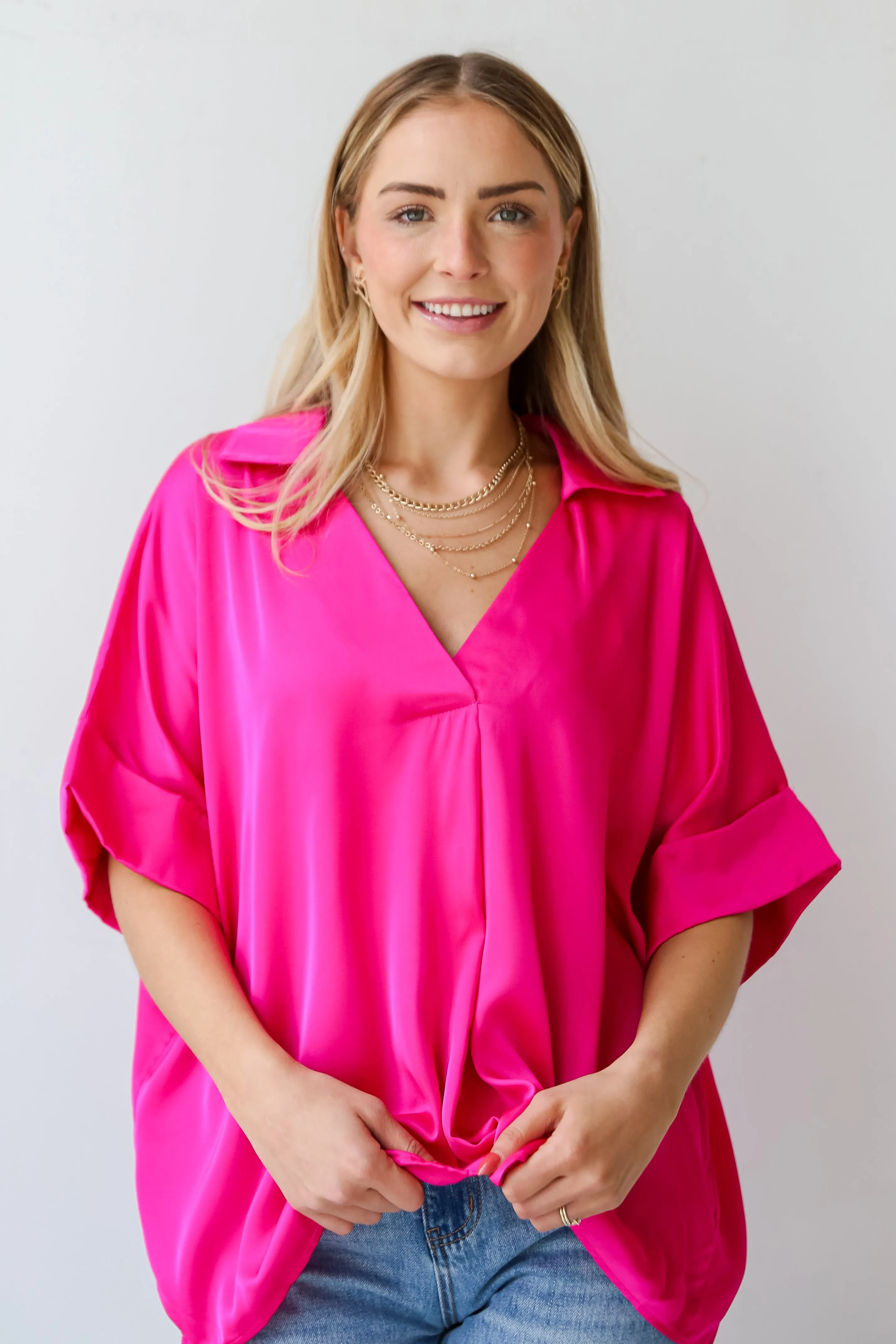 FINAL SALE - Captivating Presence Hot Pink Satin Blouse