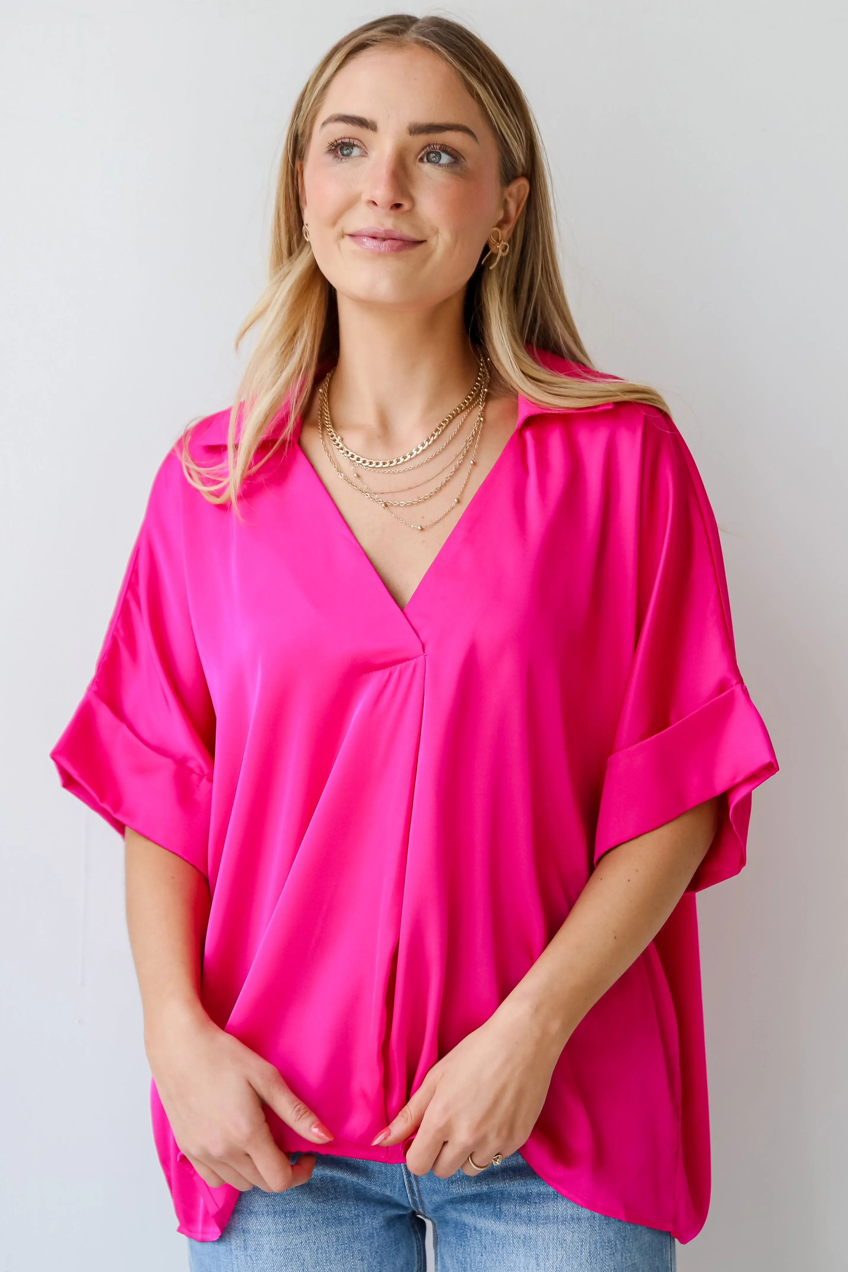 FINAL SALE - Captivating Presence Hot Pink Satin Blouse