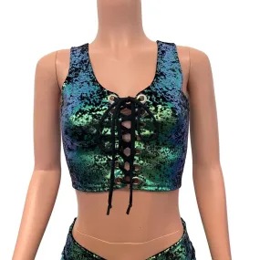 Lace-Up Crop Top - Green on Black Gilded Velvet