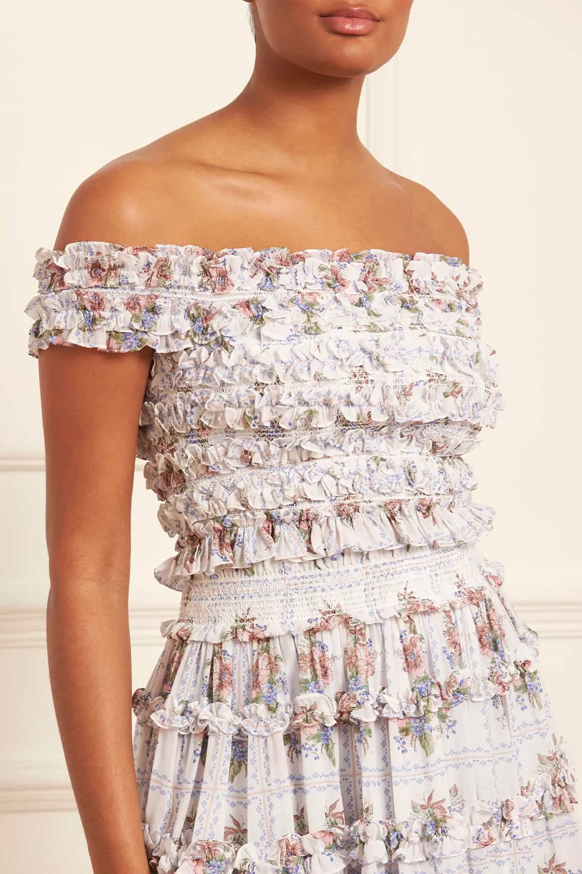 Tiled Blooms Chiffon Smocked Off-Shoulder Top