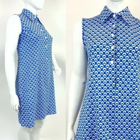 VINTAGE 60s 70s BLUE WHITE DOTTY MOD SLEEVELESS DAGGER SHIRT DRESS 20 22